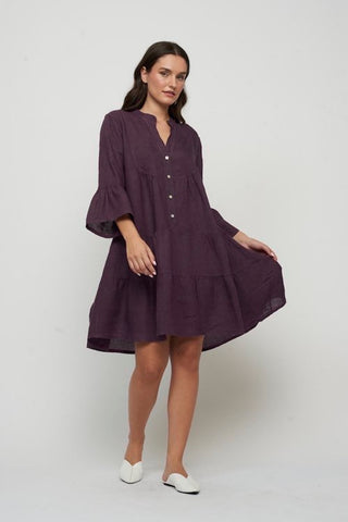 Ruffle-Sleeved Short Tiered Dress in Deep Violet Linen