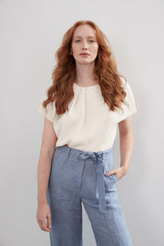 Cap Sleeve Top With Pleats at Neckline in 2 Colours