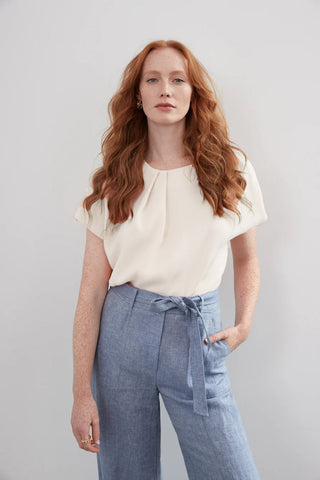 Cap Sleeve Top With Pleats at Neckline in 2 Colours