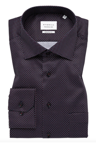 Long-Sleeved Modern-Fit Sport Shirt in Navy Burgundy Print