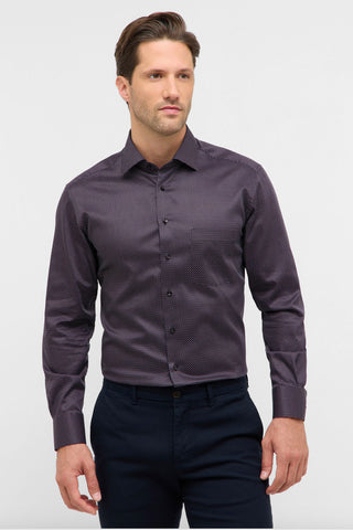 Long-Sleeved Modern-Fit Sport Shirt in Navy Burgundy Print