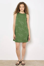 Floral Embroidered Shift Dress in Thyme Green