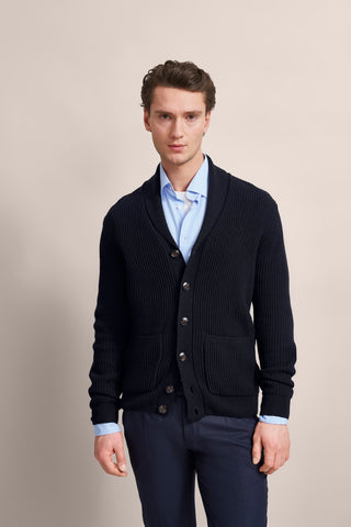 Long-Sleeved Shaker-Knit Cardigan in Navy