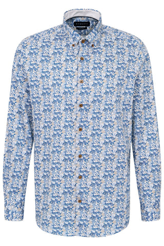 Long-Sleeved Button-Down Sport Shirt in Blue Floral Print