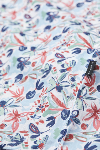 Short-Sleeved, Button-Down Sport Shirt With Blue, Red and Aqua Floral Print