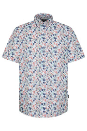 Short-Sleeved, Button-Down Sport Shirt With Blue, Red and Aqua Floral Print