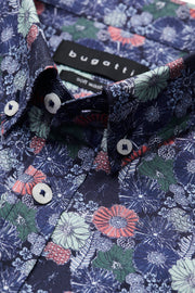 Short-Sleeved, Button-Down Sport Shirt With Multicoloured Daisy Print on Navy