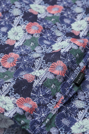 Short-Sleeved, Button-Down Sport Shirt With Multicoloured Daisy Print on Navy