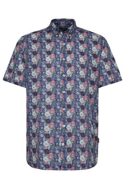 Short-Sleeved, Button-Down Sport Shirt With Multicoloured Daisy Print on Navy