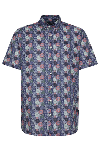 Short-Sleeved, Button-Down Sport Shirt With Multicoloured Daisy Print on Navy