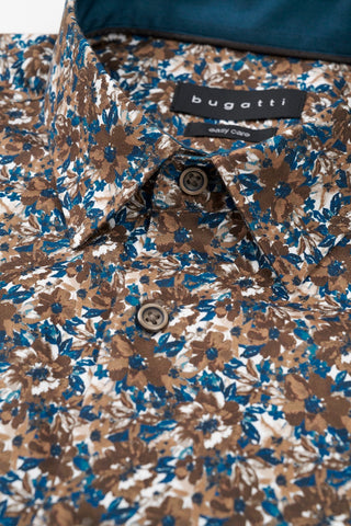 Long-Sleeved Sport Shirt in Taupe-Teal Floral Print