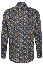 Long-Sleeved Sport Shirt in Taupe-Teal Floral Print