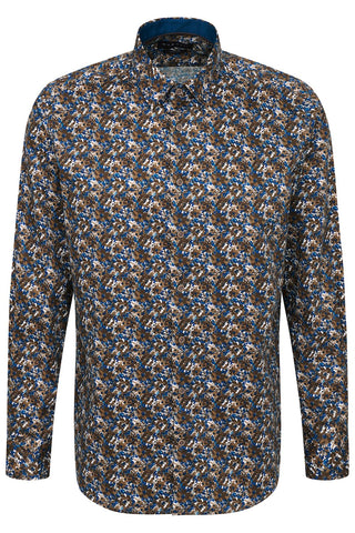 Long-Sleeved Sport Shirt in Taupe-Teal Floral Print