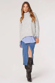 Oversized Roll-Neck Bouclé Jumper in Light Grey