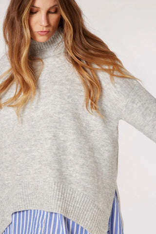 Oversized Roll-Neck Bouclé Jumper in Light Grey