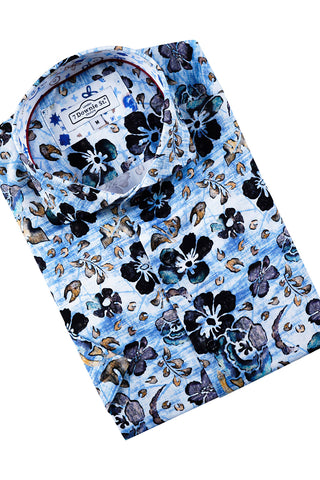 Short-Sleeve Shirt in Blue and Brown Floral Print