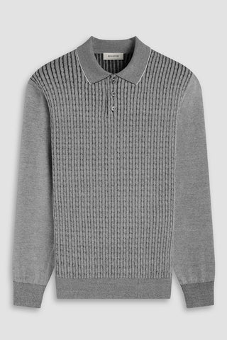 Cable Stitch 3 Button Long Sleeve Polo Sweater in Black
