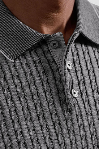 Cable Stitch 3 Button Long Sleeve Polo Sweater in Black