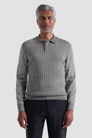 Cable Stitch 3 Button Long Sleeve Polo Sweater in Black