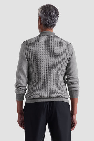 Cable Stitch 3 Button Long Sleeve Polo Sweater in Black