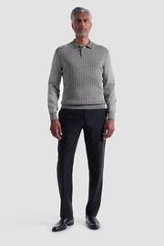 Cable Stitch 3 Button Long Sleeve Polo Sweater in Black
