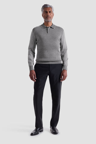 Cable Stitch 3 Button Long Sleeve Polo Sweater in Black