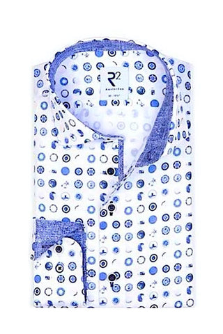 Long-Sleeved Casual Shirt Dutch Blue Print on White