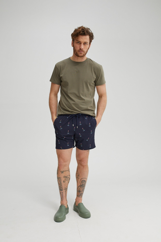 Navy Swim Short with Hula Girl Print