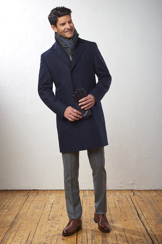 Thigh-Length Wool Coat with Removable Bib Navy Tone-on-Tone Check