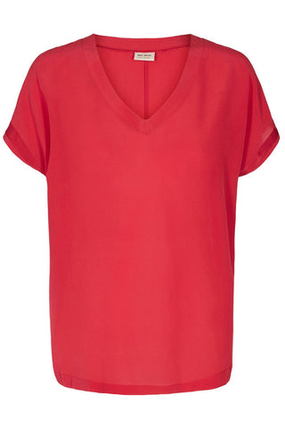 Short-Sleeved, V-Neck Silk Top Red