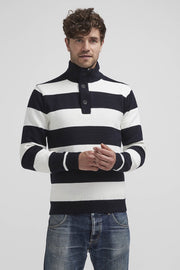 Anders Windproof, Mock-T Cotton Sweater in Navy-and-White Stripes