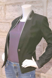 One-Button Blazer with Leather Trim Charcoal