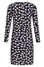 Crew Neck Dress with White Floral Print Navy