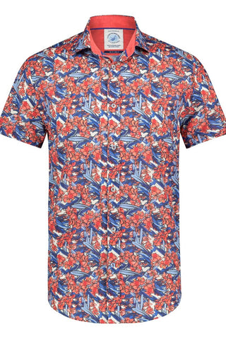 Oleander Short Sleeve Casual Shirt in Blue/Red
