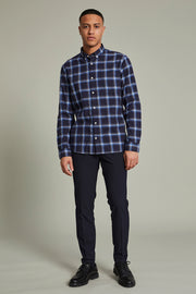 Trostol Long-Sleeved Flannel Shirt in Dark Navy check