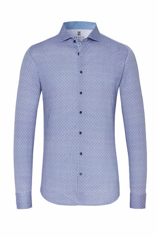 Long-Sleeved Sport Shirt in Blue Micro-Stripe Square Print