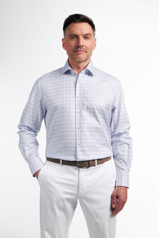 Long-Sleeved Modern Fit Dress Shirt in White-Blue Broken Check