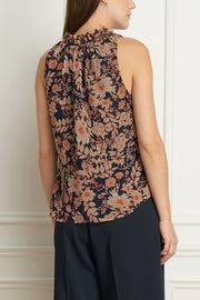 Sleeveless Top with Ruffle Collar Navy Floral Print
