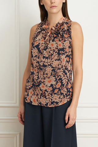 Sleeveless Top with Ruffle Collar Navy Floral Print