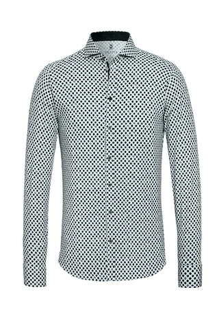 Long-Sleeved Sport Shirt With Grey-Dot Print on White