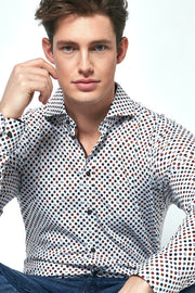 Long-Sleeved Knit Shirt with Navy-Grey-Rust Dot Print