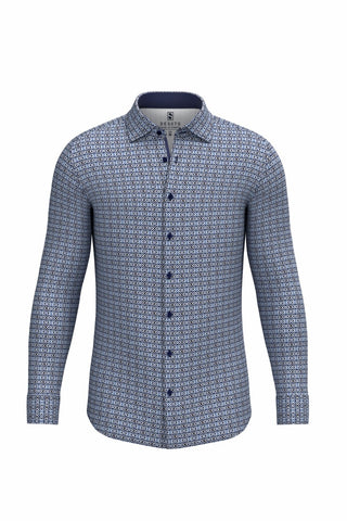 Long-Sleeved Sport Shirt in Blue Square X Print