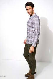 Long-Sleeved Sport Shirt in Blue-Taupe Check