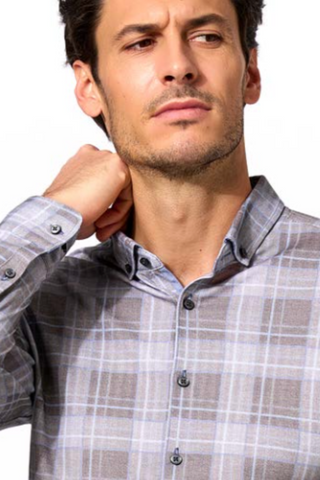 Long-Sleeved Sport Shirt in Blue-Taupe Check