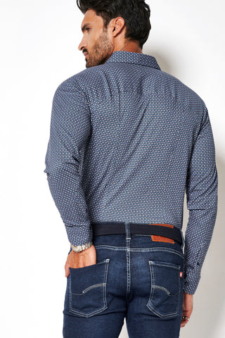 Long-Sleeved Knit Shirt Navy Geo-Print