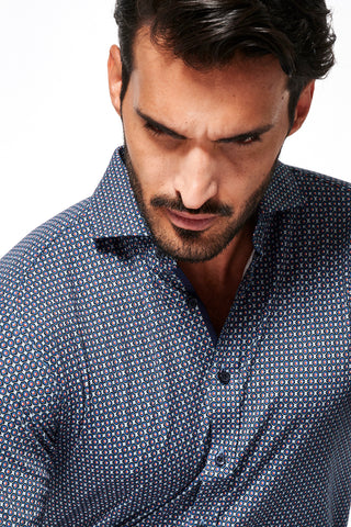 Long-Sleeved Knit Shirt Navy Geo-Print