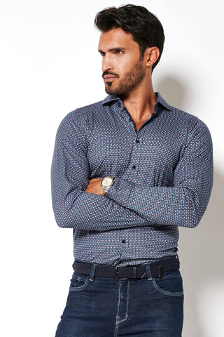 Long-Sleeved Knit Shirt Navy Geo-Print