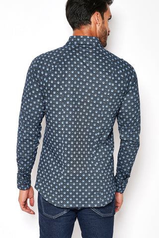 Long-Sleeved Printed Knit Shirt Blue or White