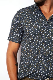 Short-Sleeved Sport Shirt in Olive Mini-Floral Print