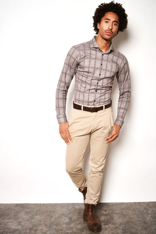 Long-Sleeved Sport Shirt in Grey-Taupe Windowpane Pattern